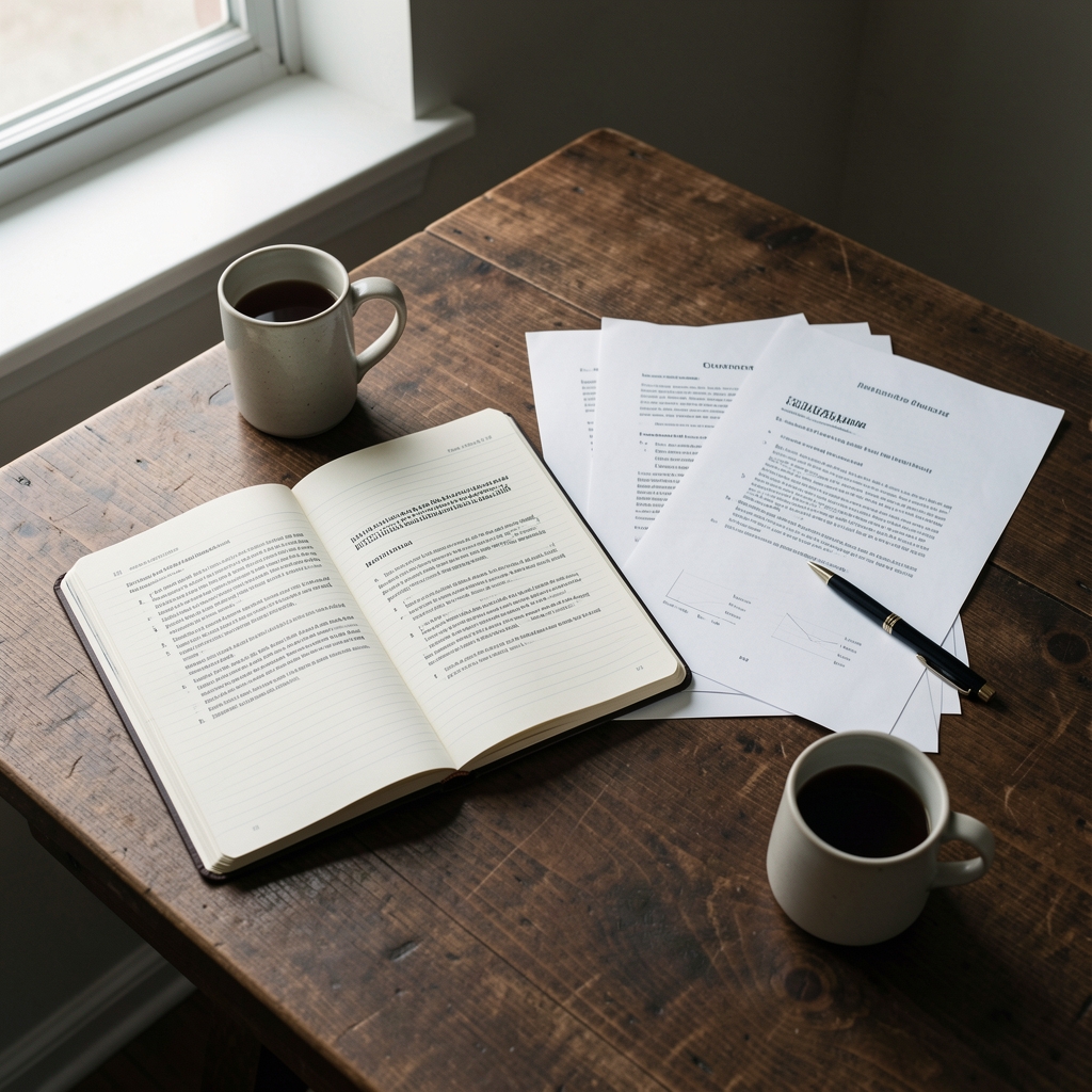Editorial workspace viewed from above — notebooks, printed research papers, a ceramic mug, and a pen on a dark wooden desk with natural sidelight