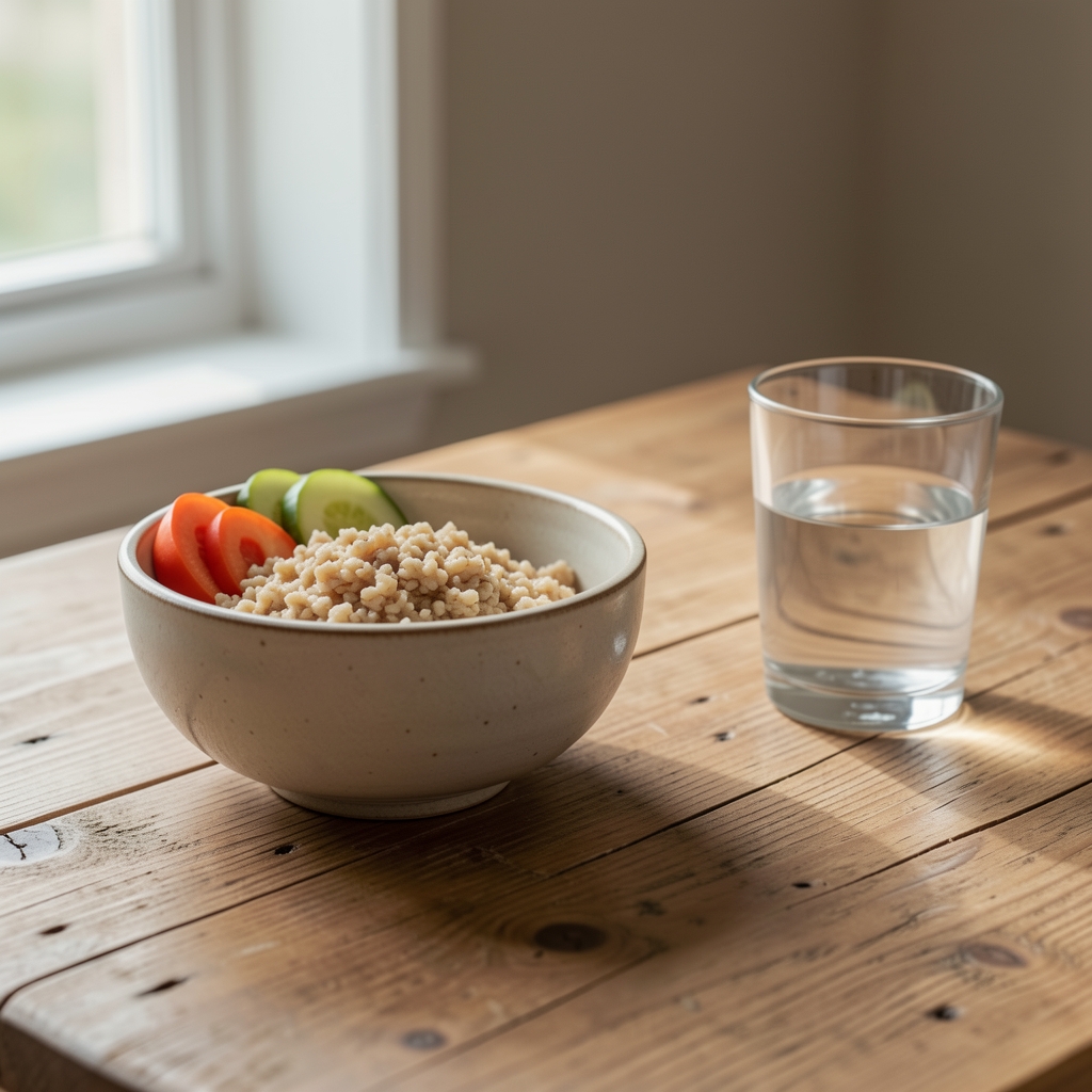 Close-up of a wooden table set with a simple midday meal — a ceramic bowl of grains, sliced vegetables, and a glass of water, photographed in soft natural window light