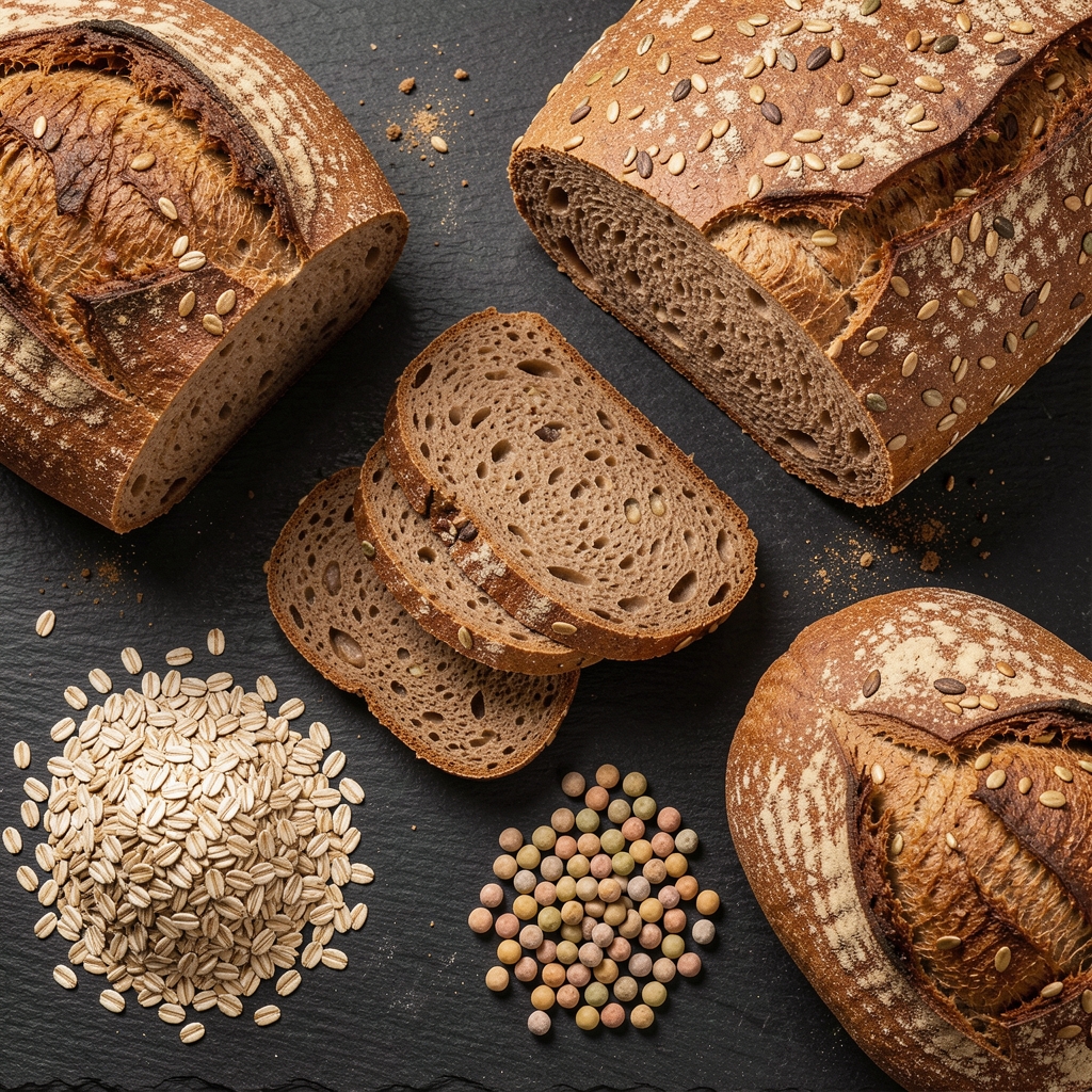 A variety of whole grain breads, oats, and pulses arranged on a dark slate surface with earthy texture, photographed from above with controlled studio lighting