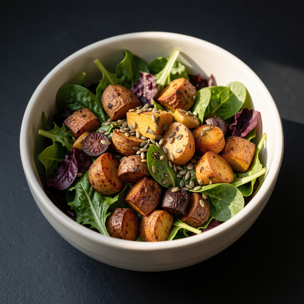 A bowl of mixed leafy greens, roasted root vegetables, and seeds arranged on a dark background, with morning light catching the texture of the ingredients
