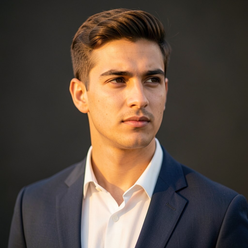 Editorial portrait of Tobias Ashcroft photographed with controlled warm lighting against a neutral dark background, looking slightly off-camera