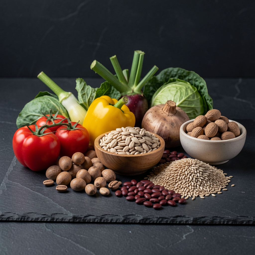 Carefully arranged whole foods on a dark stone surface — vegetables, grains, and legumes in muted earthy tones against a dark background